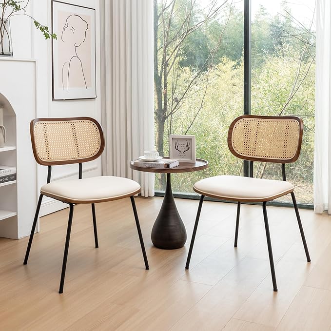 HOCEWI Rattan Dining Chairs Set of 4, Mid Century Modern Dining Chairs with Cane Back for Kitchen Dining Room, 19 Inch Faux Leather Beige
