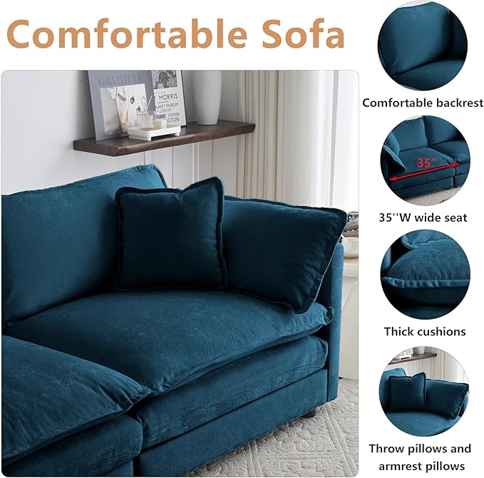 mikibama Luxury Modular Sectional Sofa, 111.5" Modern Chenille Comfy Cloud Couches for Living Room Office, 3 Seater Deep Sofa with 2 Armrest Pillows and 3 Toss Pillows, Blue