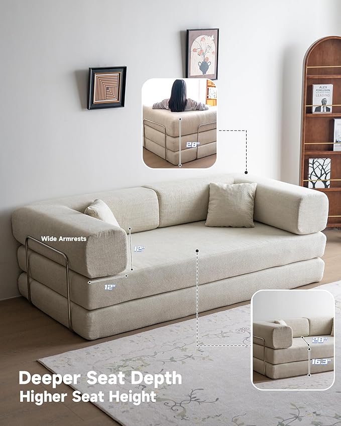 No Assembly Convertible Sofa Bed & 79" Boneless Couch with Pocket , 5-in-1 Futon Sofa Bed with 2 Pillows Modular Pull Out Couch Bed with Frame,Compression in Box for Living Room Small Spaces Beige