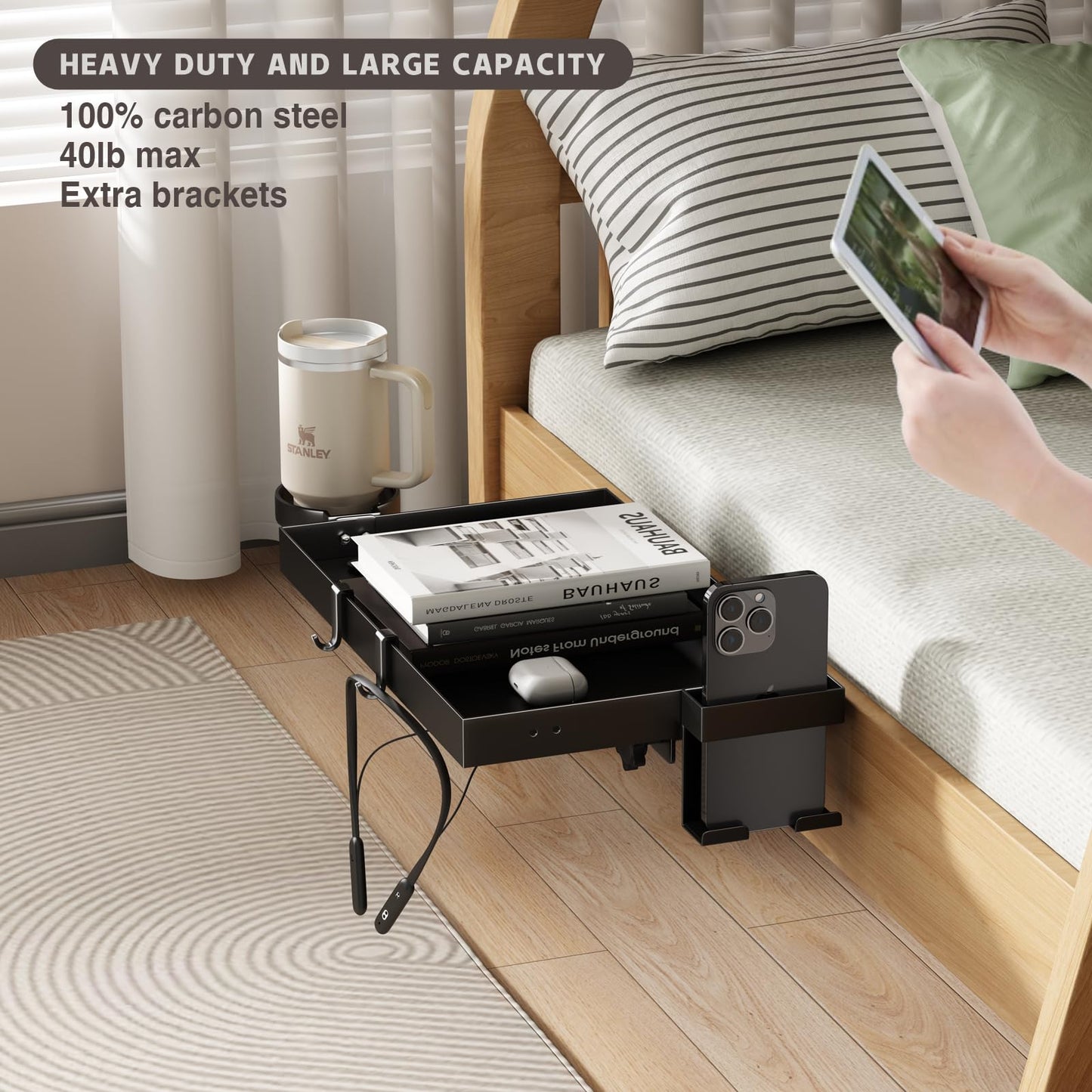 Magheo Bedside Shelf Metal,Bunk Bed Table Shelf for Top Bunk Heavy Duty Clip On Bed Side Table Tray for College Dorm Room,Loft Nightstand Organizer Tray with Removable Cup Holder & Phone Holder(Black)