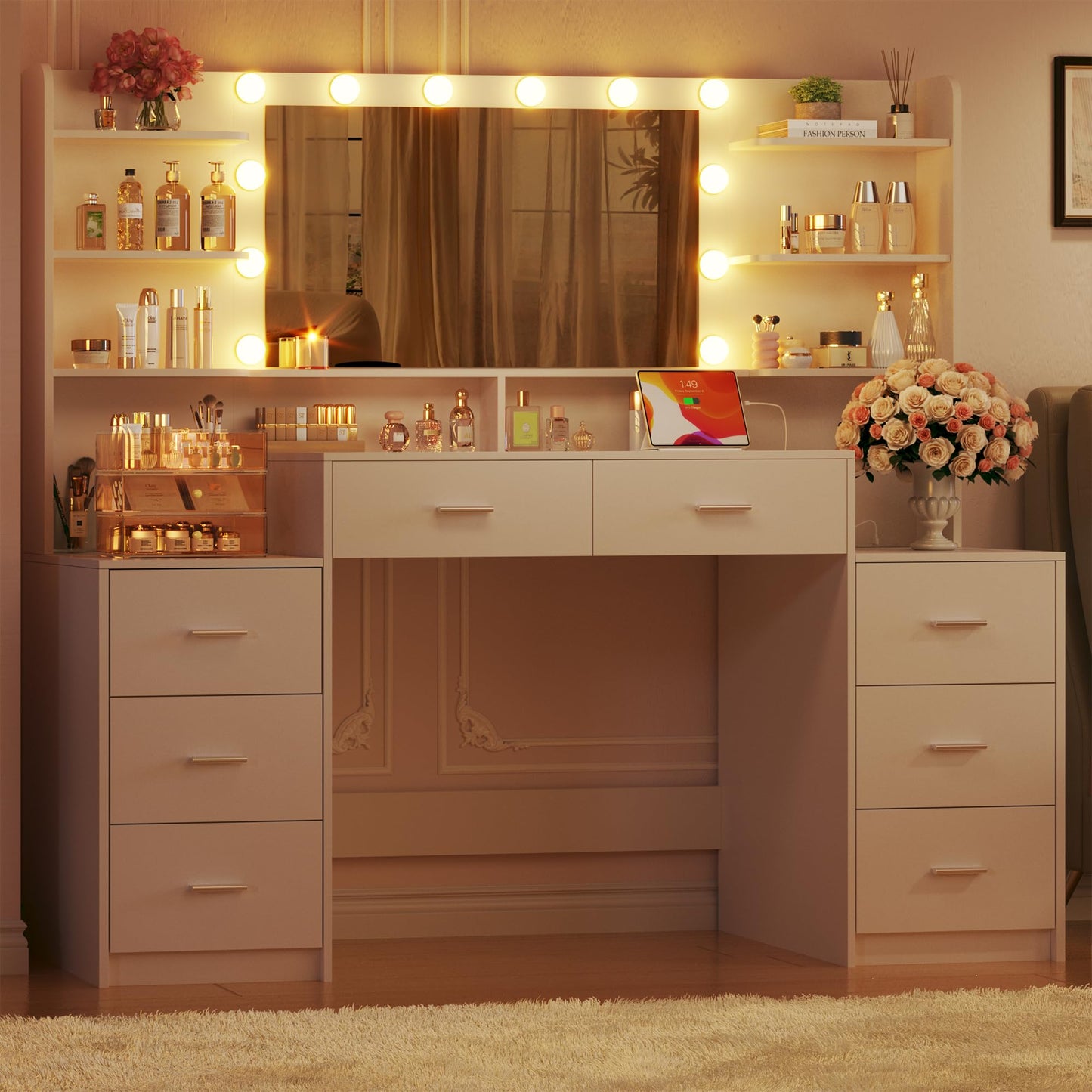 HUAHUU Large Vanity Desk with Mirror & Lights, White Makeup Vanity with 8 Drawers & 6 Storage Shelves, Vanity Set with LED Lights and Power Outlet, 3 Lighting Modes, Adjustable Brightness