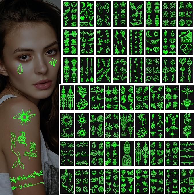 60 Sheets Glow in the Dark Temporary Tattoos, Minimalism Luminous Fake Tattoos Stickers for Adults Men Women Halloween Rav...
