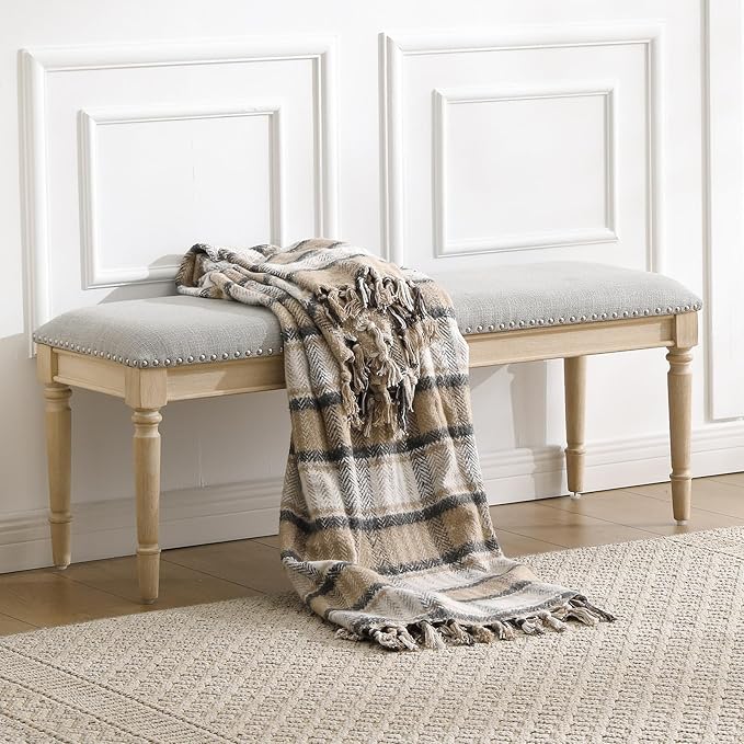 DM Furniture 46'' French Country Entryway Bench Wooden Linen Fabric Upholstered Seat Dinng Bench with Nailhead Trim for Hallway End of Bed, Grey