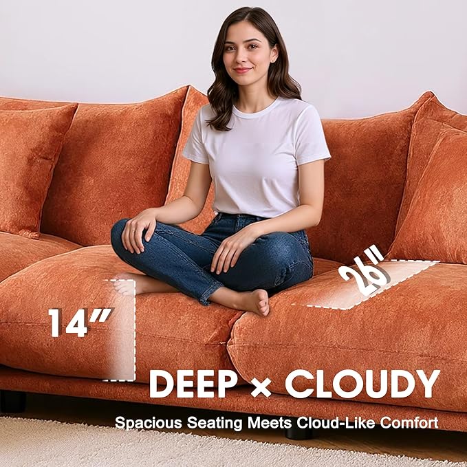 Modern Minimalist Chenille Modular Sectional Sofa, Deep-Seat 3-Seater L-Shaped Couch with Movable Ottoman and Thick Cushions, Upholstered Sofa for Living Room, Bedroom, Office, Apartment Orange L Sofa