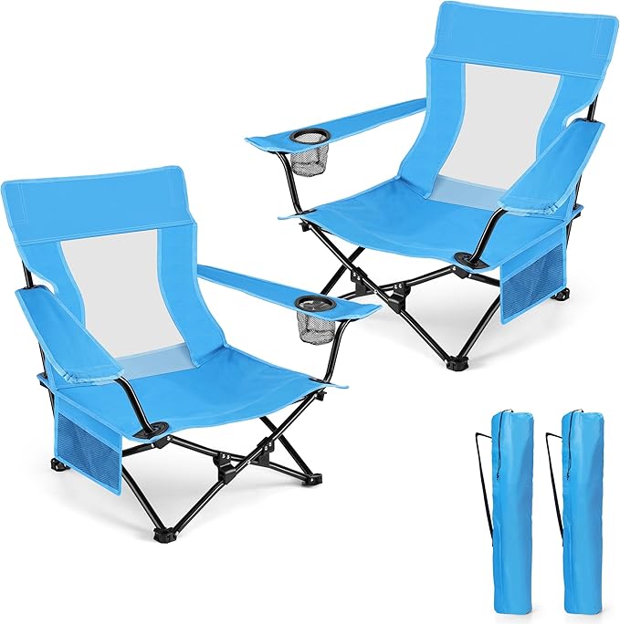 HaSteeL Folding Beach Chair Set of 2, Foldable Blue Camping Chairs for Outside, Low Beach Chair Portable for Adults Fishin...