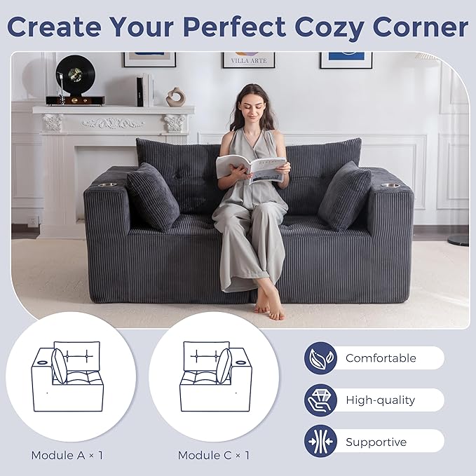 MAXYOYO Modular Sectional Sofa Couch, Loveseat Boneless Cloud Couch for Living Room, Sofa in A Box, Tufted Upholstered Cozy Chair with Cup Holders, No Assembly Required, Grey