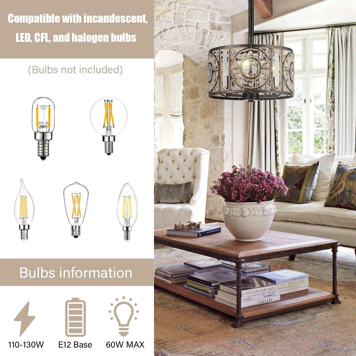 Zicbol Vintage Crystal Drum Chandelier, 3-Lights Bronze Finish Retro Chandelier Lighting Fixtures, Semi Flush Mount Ceiling Light for Dining Room Living Room Bedroom Entryway Etc.