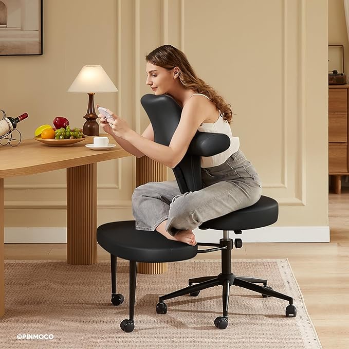 Ergonomic Cross Legged Office Chair Extra Wide for ADHD and Meditation, Kneeling Chair with 360° Swivel Wheels and Reversible Seating, Adjustable Height and Seat Deapth, PU Leather, Black