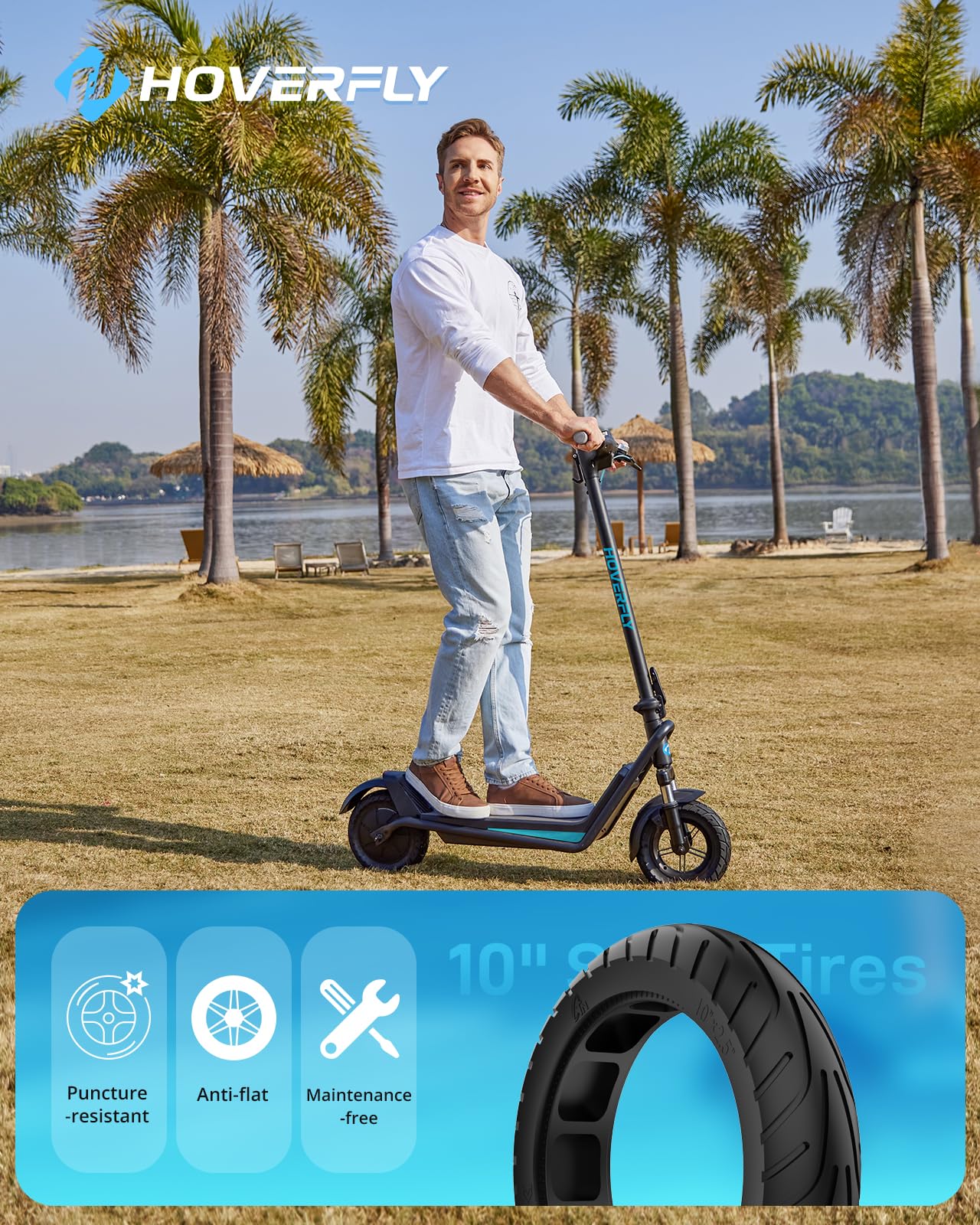 Hoverfly X5 Electric Scooter for Adults, Anti-Flat 10" Solid Tire, Max 25 Mile Range and 20Mph Speed Power by 500W Motor,15% Uphill with Front Suspension Shock Absorber, Foldable Commuting Escooter