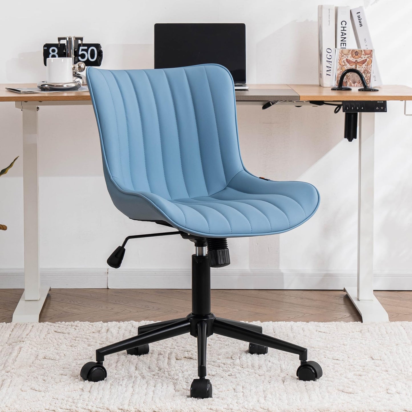Kidol & Shellder Blue Leather Home Office Desk Chair with Wheels Modern Cute Armless Executive Swivel Vanity Chair with Comfy Padded Back Ergonomic Rolling Adjustable Computer Task Chair Small