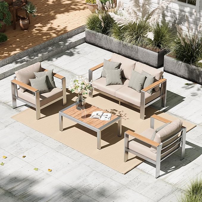 Oasbira Aluminum Outdoor Patio Furniture Set with Coffee Table, 4 Piece Patio Conversation Sets with Washable Thick Cushions, Outdoor Sectional Furniture Set for Porch, Balcony, Deck, Yard, Silver