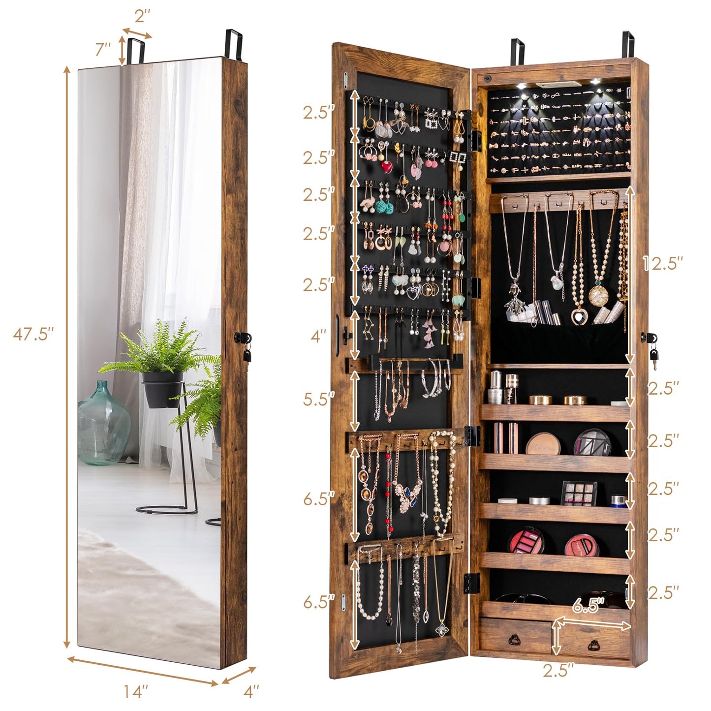 HAPPYGRILL Over the Door Jewelry Organizer, Hanging Jewelry Storage Cabinet w/Full-Length, Inner Makeup Mirror, Earring Shelves, Ring Slots, 25 Necklace Hooks, Wall Mounted Jewelry Armoire for Women