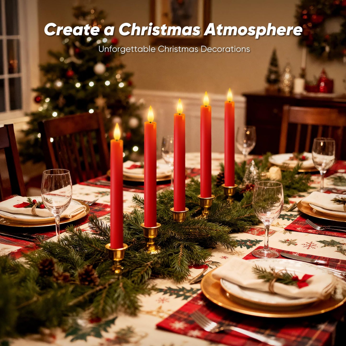 Homemory 6 Pcs Real Wax LED Red Flameless Taper Candles with Remote Timer, 9.6 Inches Fake Candlesticks, Dripless Battery Operated Window Candle with 3D Flickering Flame for Fireplace Xmas Decor