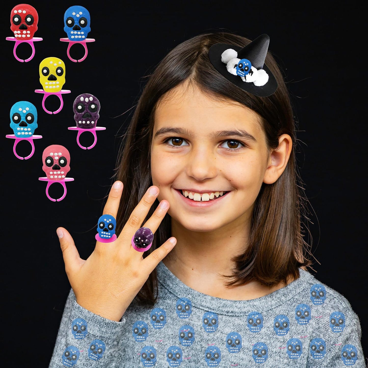 Fruidles Halloween Skull Candy Rings, Day of the Dead, Hard Candy, Individually Wrapped (48-Pack)