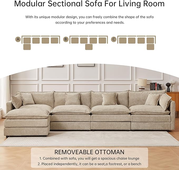 saows Modular Sectional Sofa, 147.2 Inch L Shaped Couch Set with Armrests, 4-Seater Comfy Cloud Couches with Movable Ottoman for Living Room Apartment, Coffee