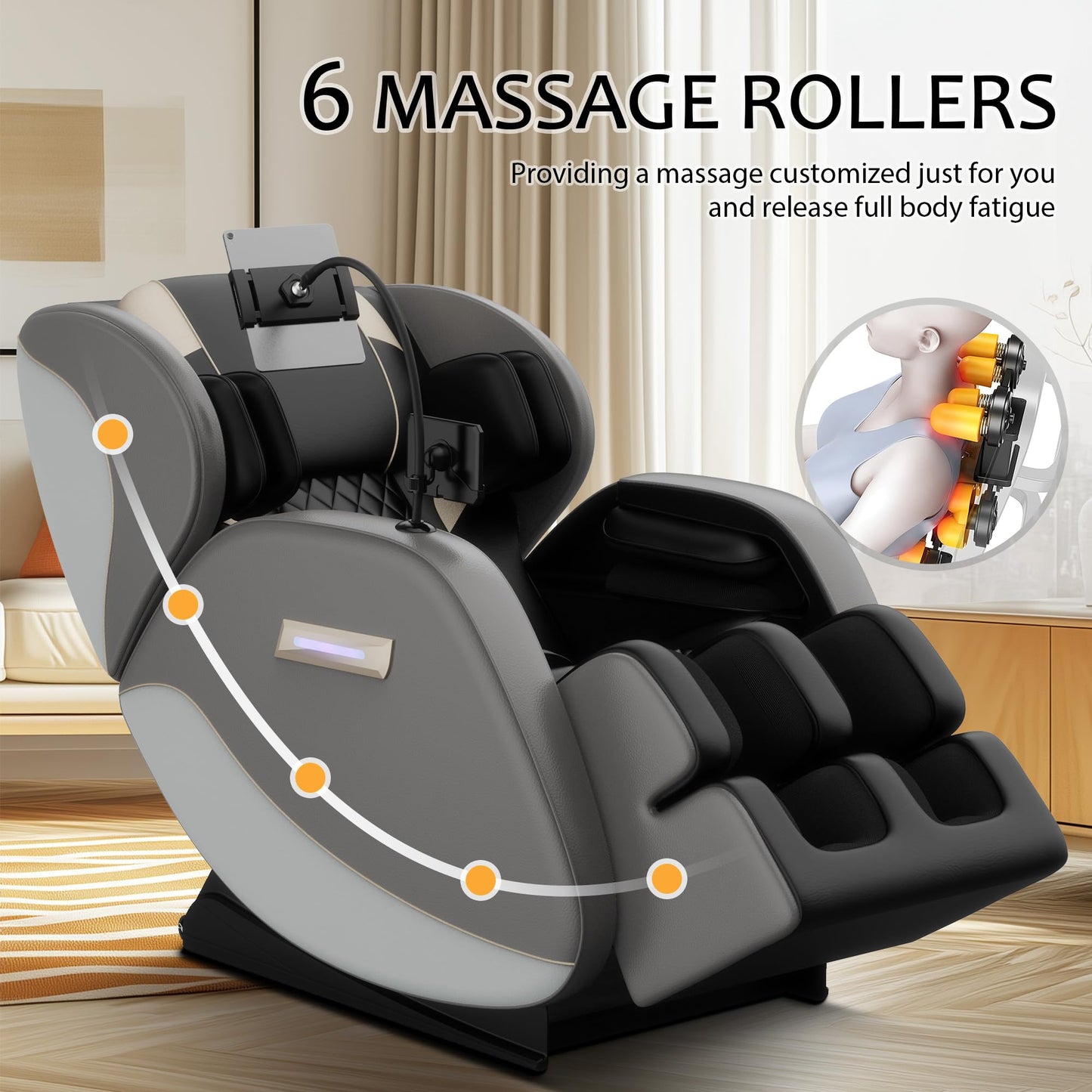 KEIKI Massage Chair Recliner with Zero Gravity, Full Body Shiatsu Massage, Heated Back & Foot Rollers, Bluetooth Music, Air Pressure System, PU Leather Automatic Recliner for Home Office, Gray