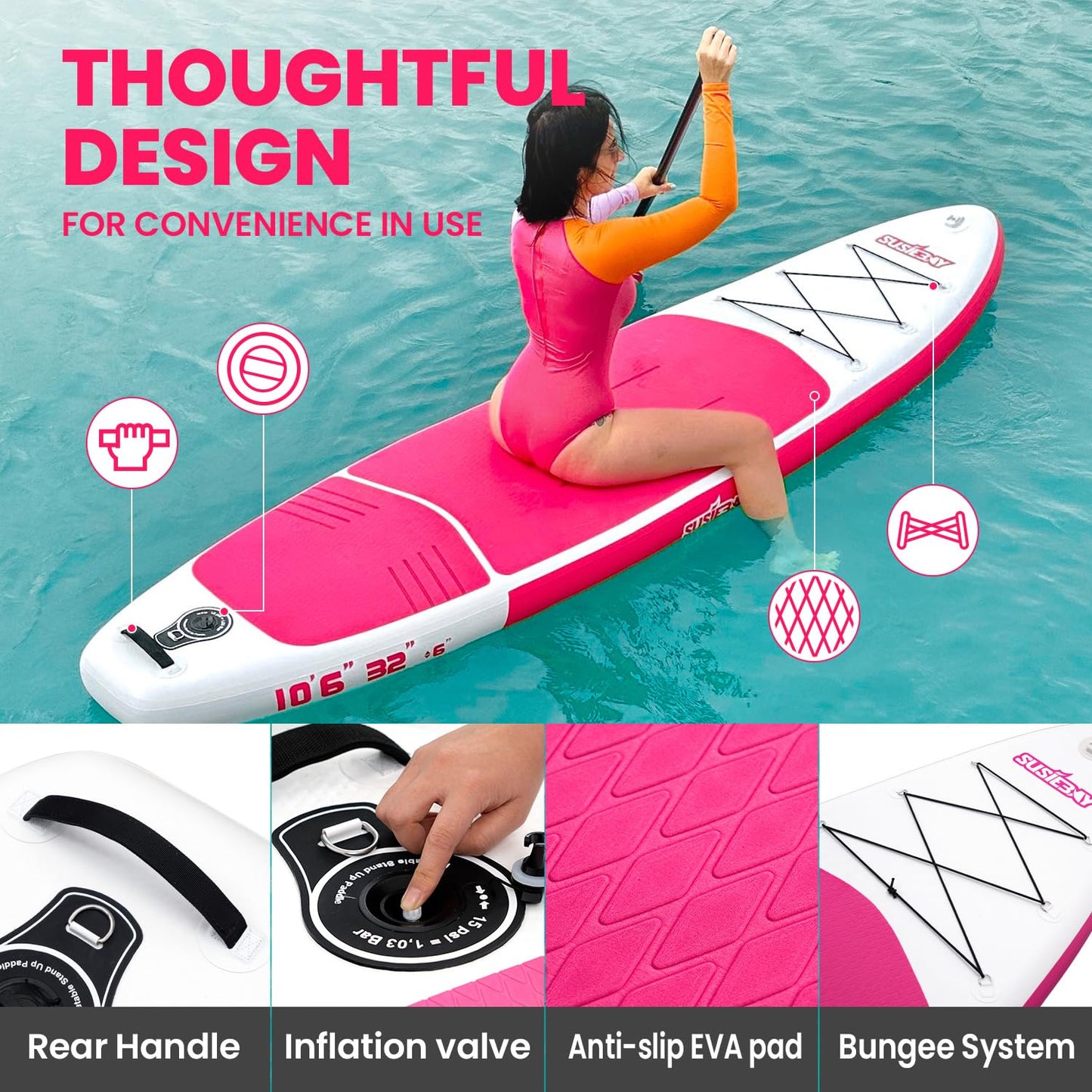 SUSIEBAY Inflatable Stand Up Paddle Board, Pink Paddle Board for Adult & Youth with sup Accessories, Wide Stance for All Levels, Traveling Board, SUP Board,Non-Slip Deck, Double Action Pump
