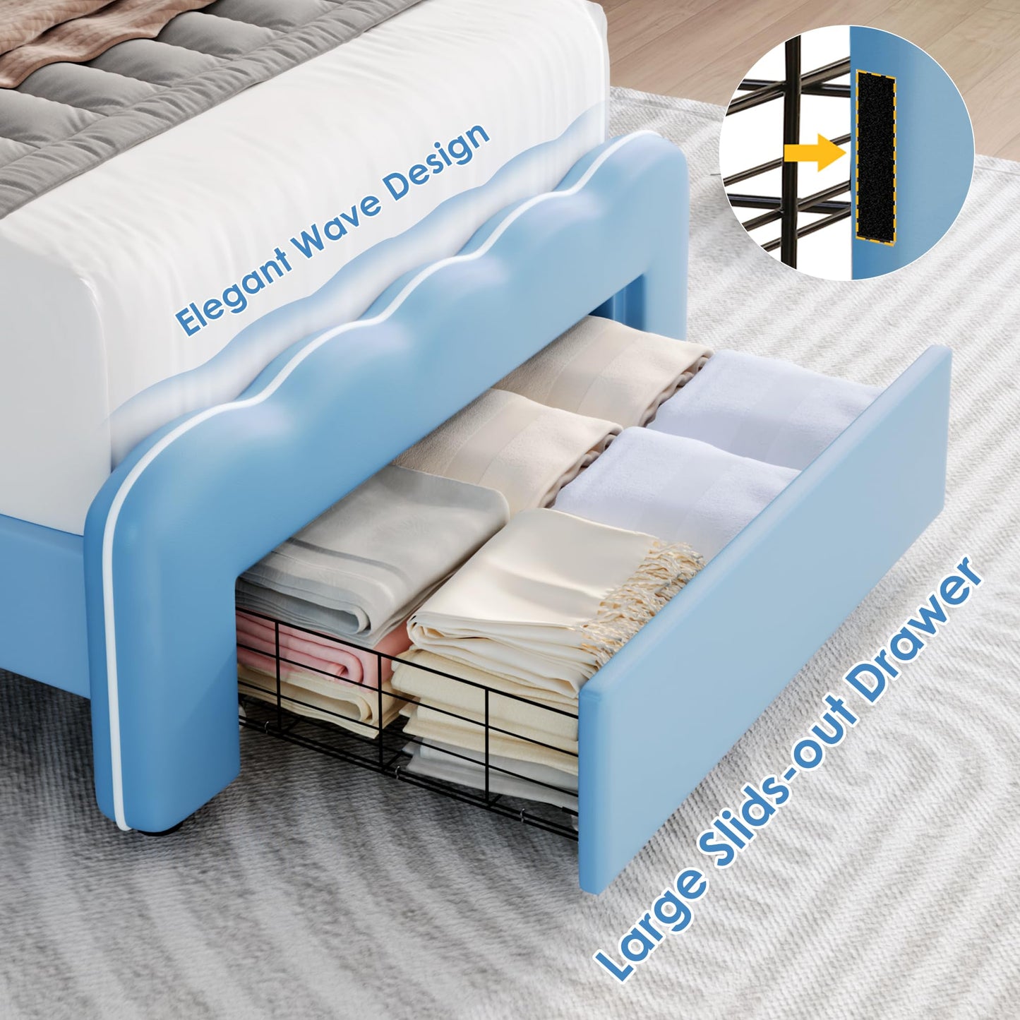 HOSTACK Twin Upholstered LED Bed Frame with Storage Drawers, Cute Boys Bed with Adjustable Lotus Headboard, Faux Leather Platform Bed Frame, Wooden Slats Support, No Box Spring Needed, Blue/White
