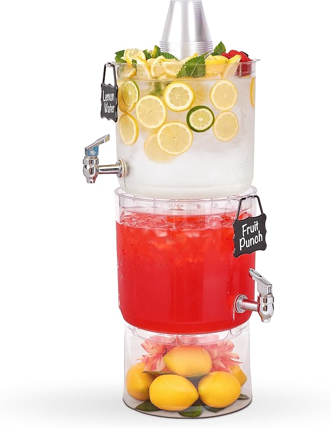 Buddeez Durable 2 Gallon Beverage Dispenser with Stand - Stackable Drink Server for Parties - Includes Party Top Lid and C...