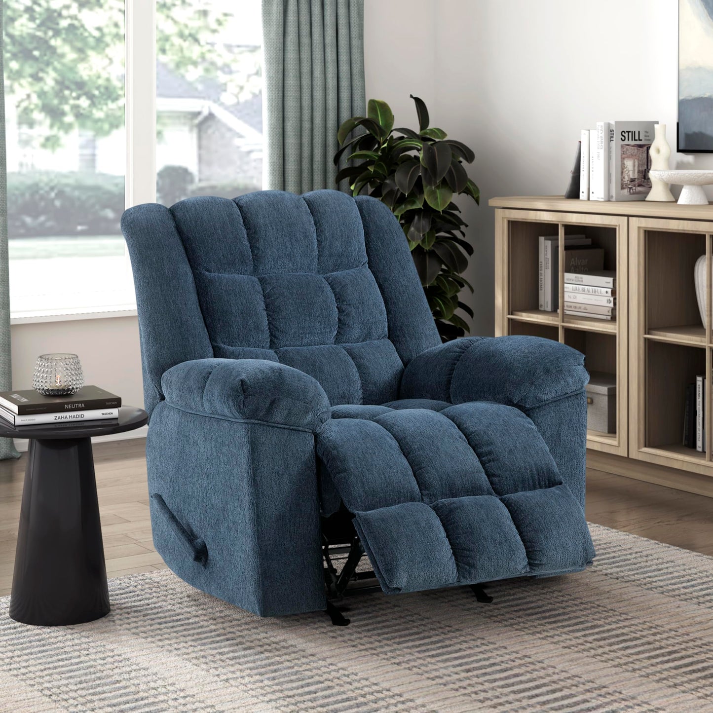 Lexicon Chenille Rocker Reclining Chair for Adults, Rocker Pull Handle Recliner, Nursery Chair for Living Room/Bedroom, High Back, Pillow Top Arms, High Density Foam Cushions, Blue