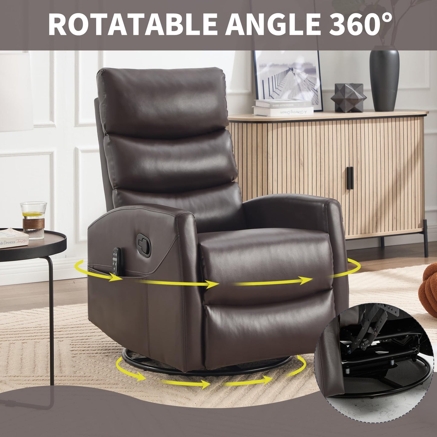 KEIKI 4-in-1 Manual Swivel Rocker Recliner Chair for Home Living Room, Faux Leather Chair with Back Massager & Heat, Home Theater Seating with Lumbar Support, Soft Bedroom Chairs for Adults, Brown