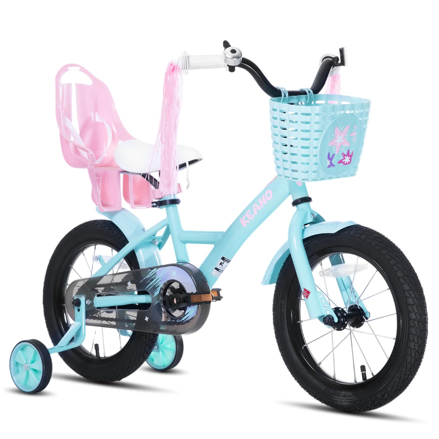 KEANO Zinnia 14 Inch Kids Bike for Girls Ages 3-5 Years, 14 Inch Girls' Bikes with Training Wheels, Streamers, Basket and Doll Seat, Children Bicycles Green