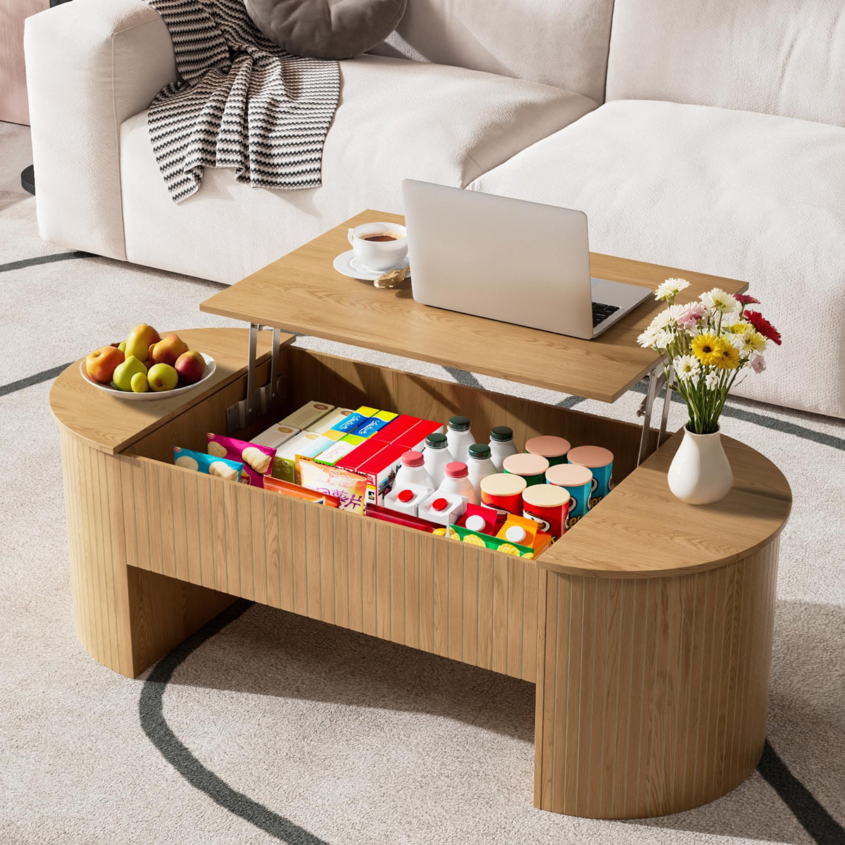 Lift Top Coffee Table with Hidden Storage Compartment, Oval Wooden Coffee Table with Lift Tabletop for Living Room, Modern Rustic Center Table for Home Office, 47 Inch (Wood)