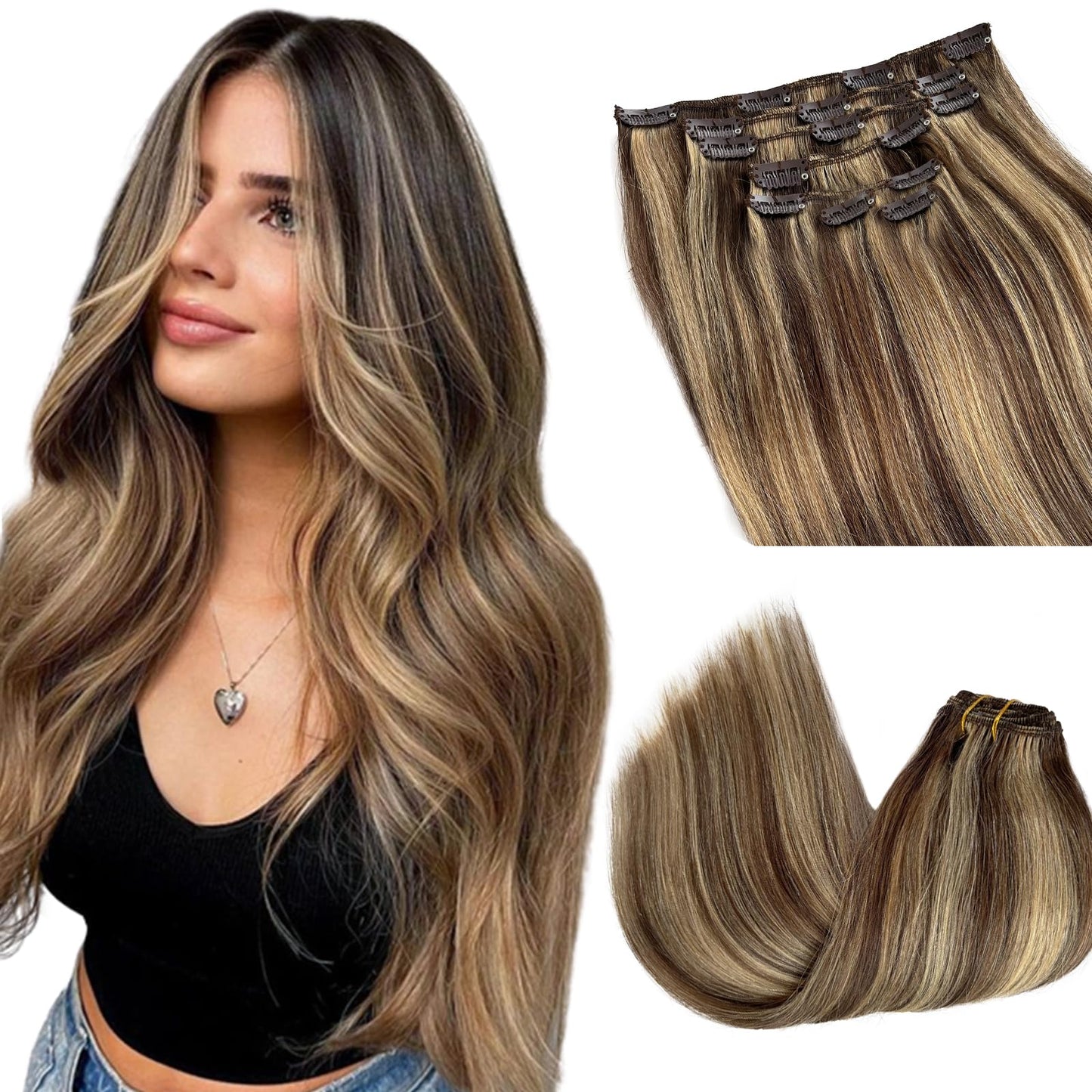 Licoville Clip in Hair Extensions Real Hair Blonde Highlight Human Hair Clip ins 15 Inch 70grams 7pcs Full Thick Medium Brown wi