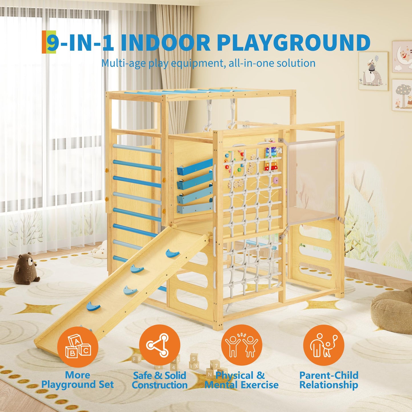 Jungle Gym with Slide, Rock Wall, Wood ＆ Rope Ladder, Monkey Bars, Gym Rings