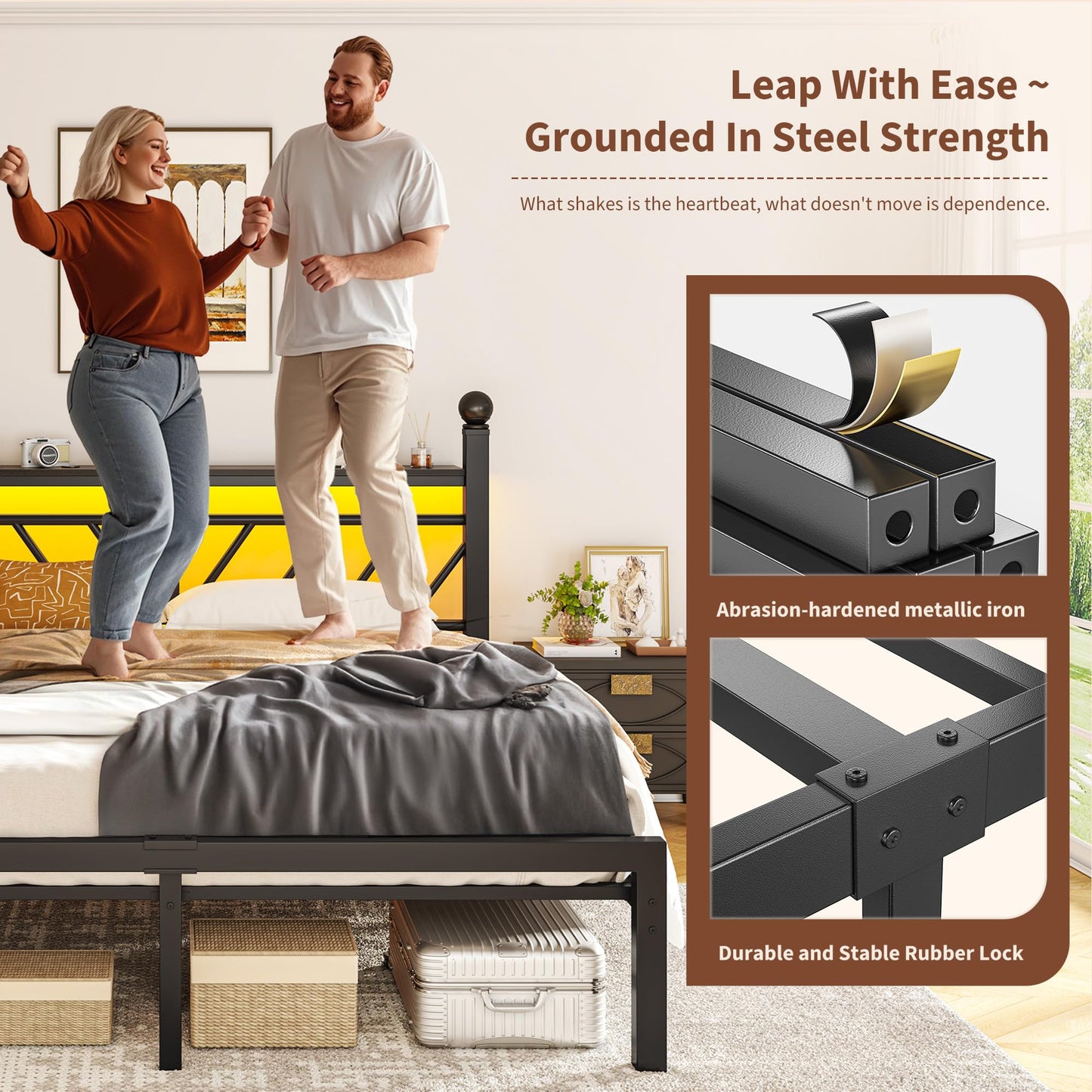 Homkdom Metal Bed Frame Queen Size with LED Lights and Charging Station, Queen Bed Frame with Headboard and Footboard with Storage Shelves and Under Bed Storage, No Box Spring Needed, Noise Free,Black
