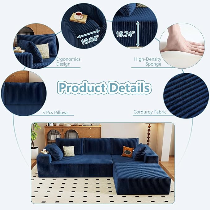 96" Cloud Sectional Couch with L-Shape Chaise, Modern Corduroy Boneless Couch for Living Room,Memory Foam Sofa with Deep Seat,No Assembly Required (Blue,Right-Facing Chaise)