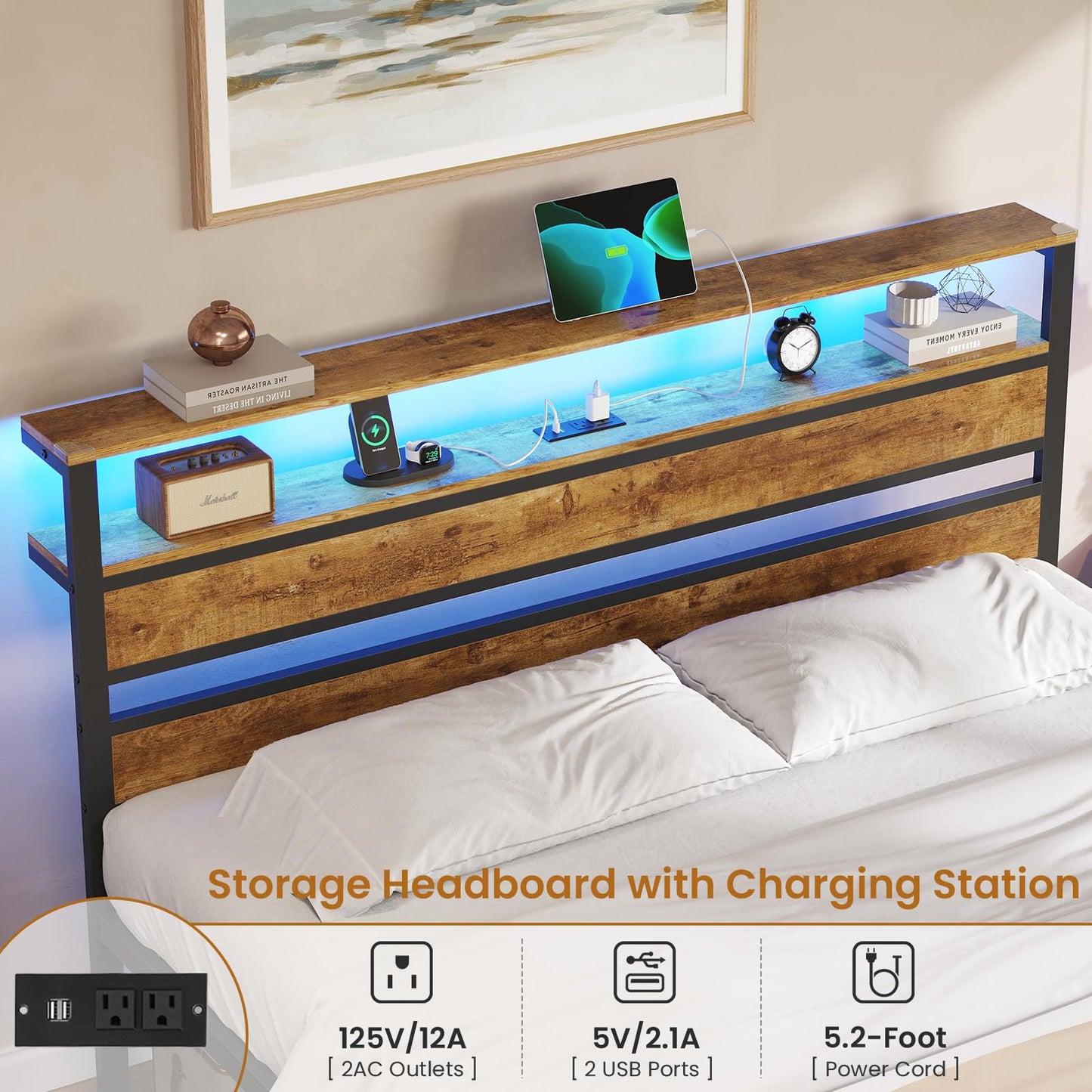 DICTAC 18 Inch Full Bed Frames with Charging Station and LED Light, Wood Headboard with 2-Tier Storage Shelves, Full Size Platform Bed Frame with Metal Slats, No Box Spring Need, Easy Assembly