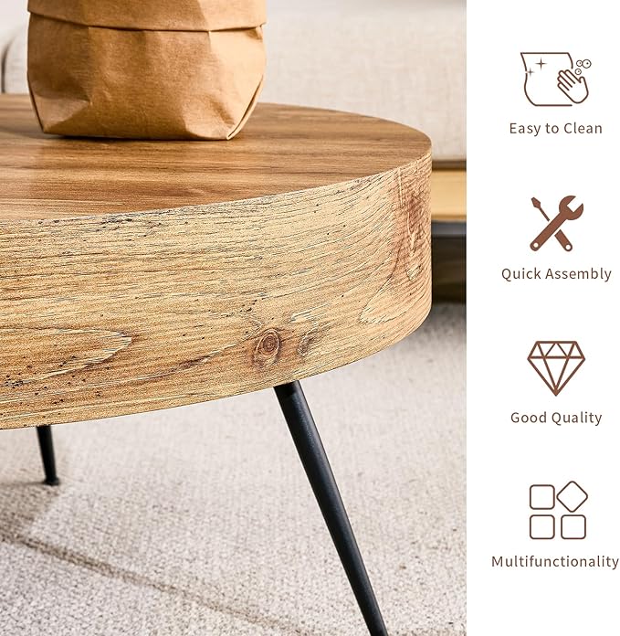 LKTART Coffee Table for Living Room, Round Wood Coffee Tables with Storage, Modern Metal Accent Center Tea Table for Apartment Small Space (31Inch-Brown)
