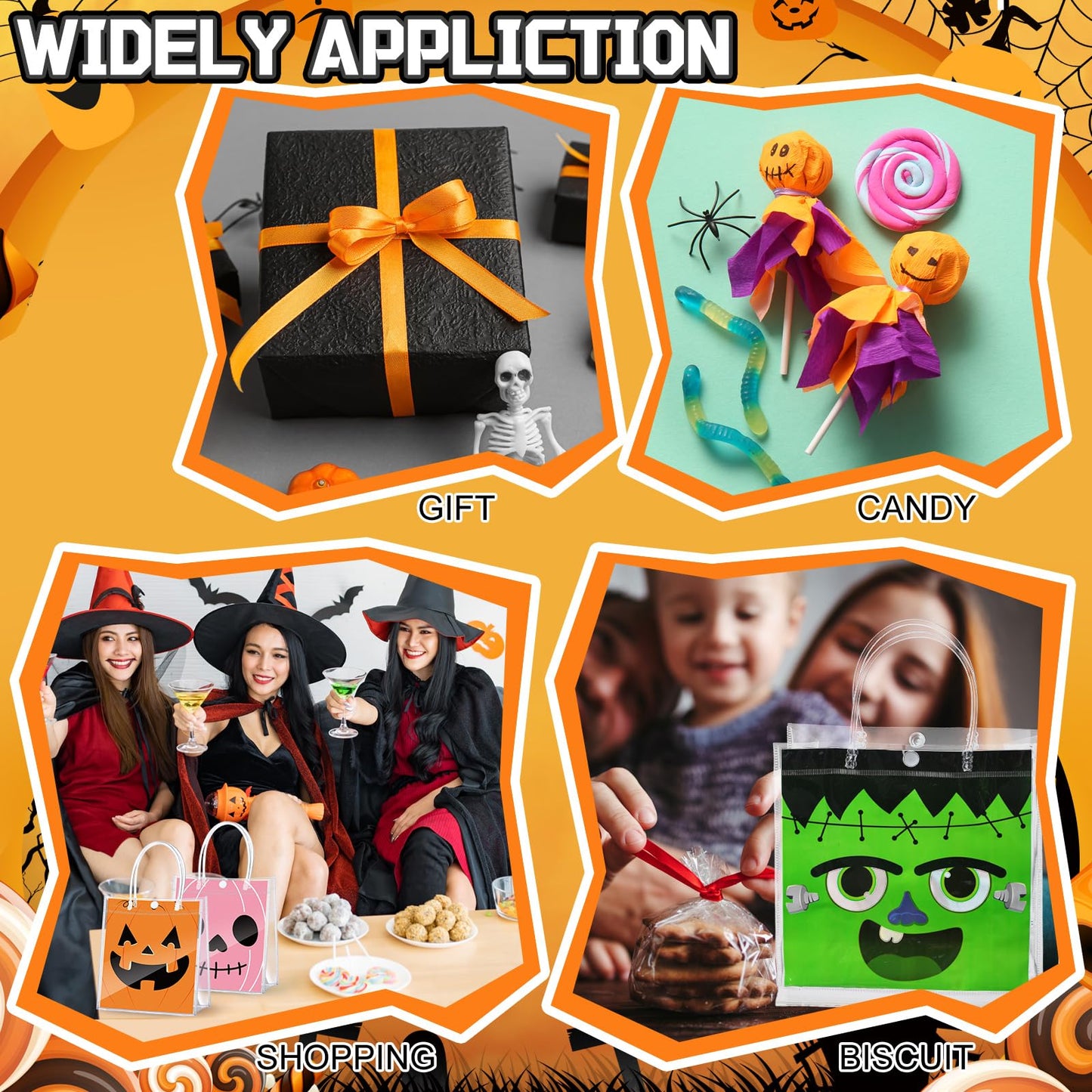 Bulyoou 24 Pcs Halloween Clear PVC Gift Bags with Handle Reusable Grimace Pumpkin Party Favor Bags Pink Treat Tote Bag for Halloween Trick or Treat Supplies
