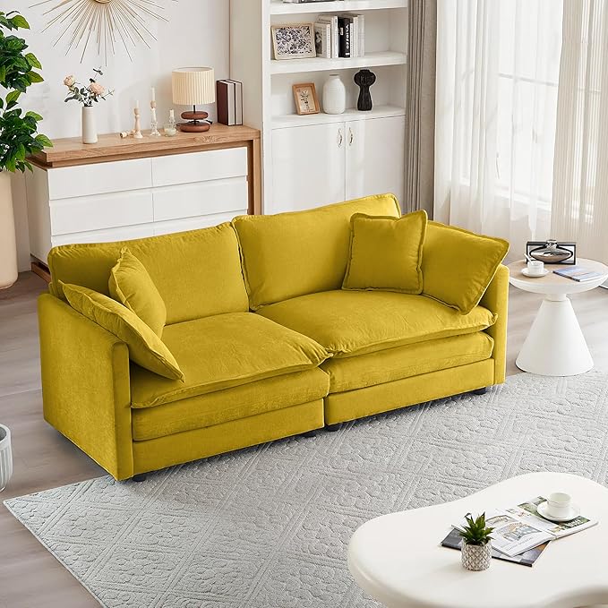 mikibama Luxury Loveseat Sofa Couch, 76" Modern Chenille Deep 2-Seater Cloud Couch with 2 Armrest Pillows and 2 Toss Pillows, Love Seat for Living Room Bedroom Office Apartment, Yellow