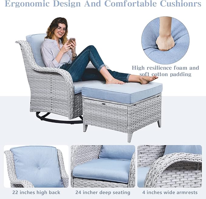 Belord Outdoor Swivel Rocker Furniture 5 Pieces Patio Wicker Furniture Sets, Rattan Patio Swivel Glider Chairs with 2 Ottoman and Glass Side Table