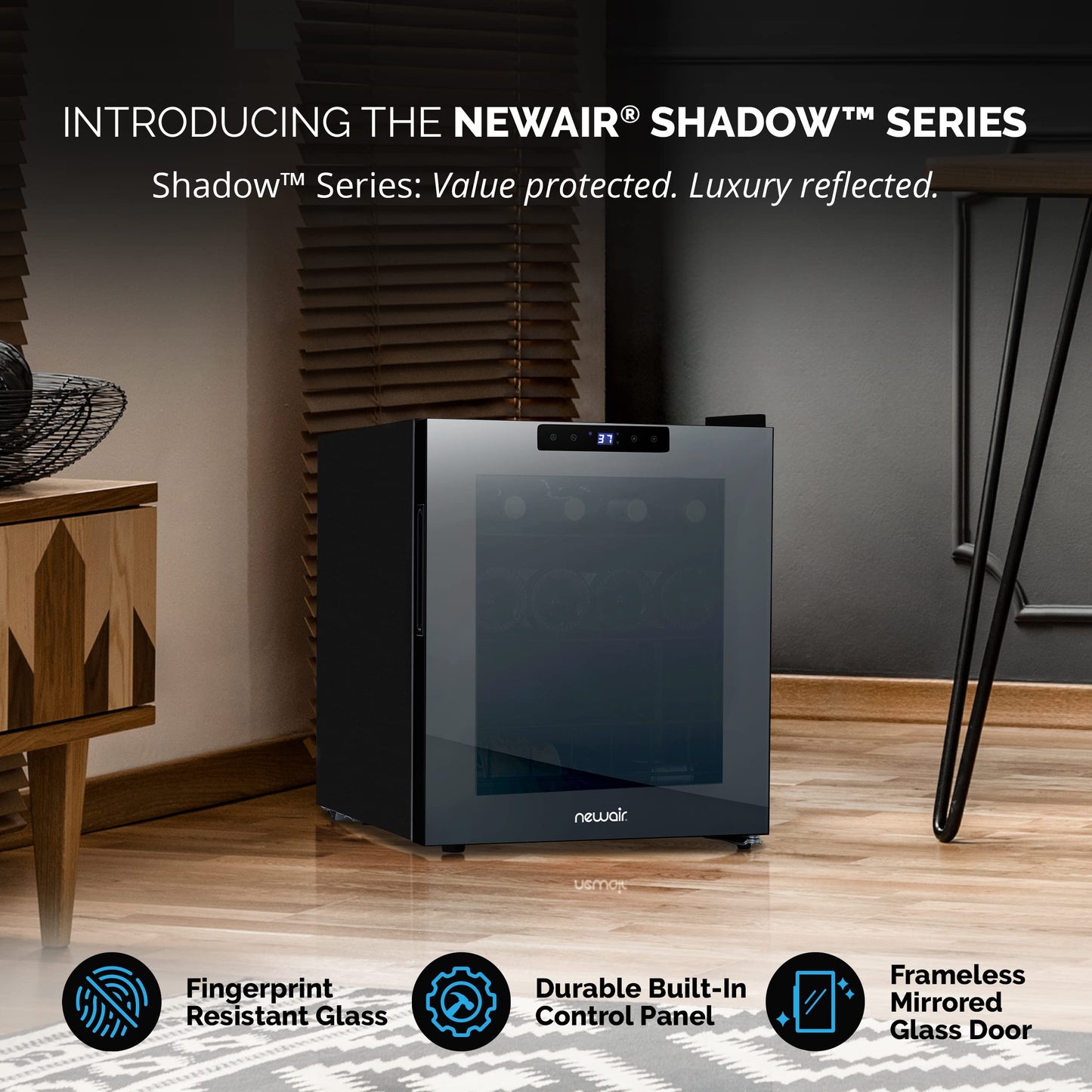 NewAir 16 Bottle Wine Cooler Refrigerator, Shadow Series Freestanding Wine Fridge with Mirror Glass Door, UV-Protected Glass & Quiet Compressor Cooling, Compact Wine Cellar