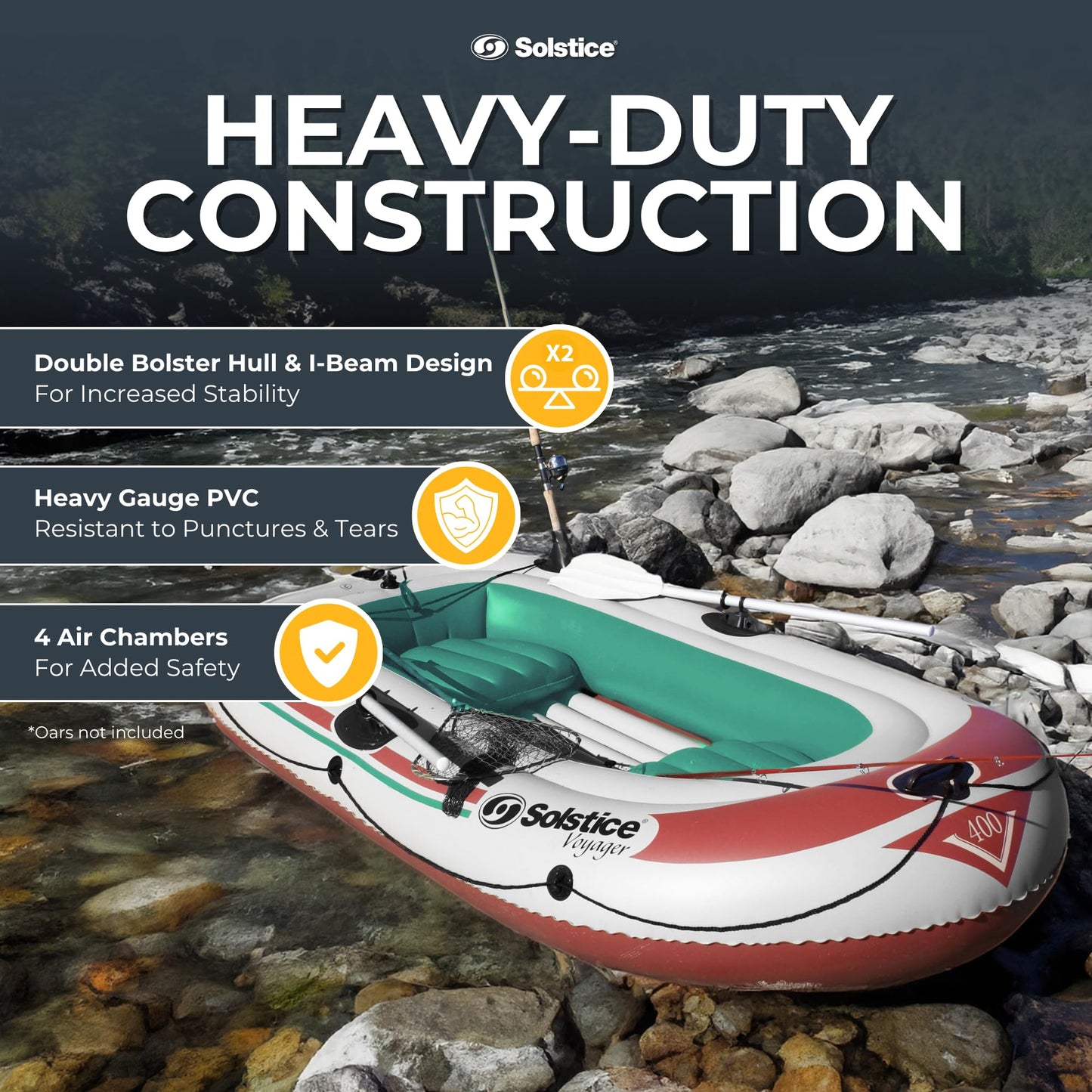 Solstice Voyager 4-Person Inflatable Fishing Boat with Dual Swivel Oar Locks and Rod -Holder, Motor Compatible 9' x 5'