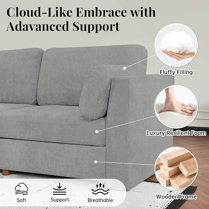 CUGOAO 118'' Modular Sectional Sofa Bed, Oversized Sectional Couch, Deep Seat Chenille Cloud Couch, Removable Cover, Mordern Upholstered Couches for Living Room, Apartment, Office, Grey