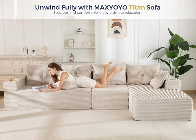 MAXYOYO 132" Oversize Modular Sectional Couch with L-Shape Chaise, Modern Boneless Couch for Living Room, Sofa in A Box, Oversized Sofa Sleeper with Deep Seat, No Assembly Required, Grayish Beige