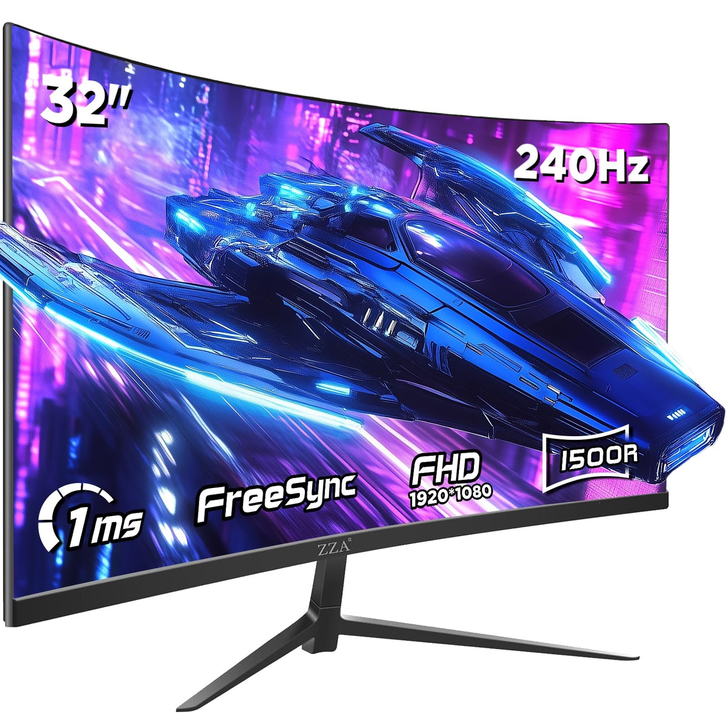 ZZA 32 Inch Curved Gaming Monitor, 240Hz High Refresh Rate, FHD 1920x1080P, Curved 1500R, HDMI 2.0/DP1.4, 1ms MPRT, HDR, FreeSync, VESA Compatible, Tilt Adjustable