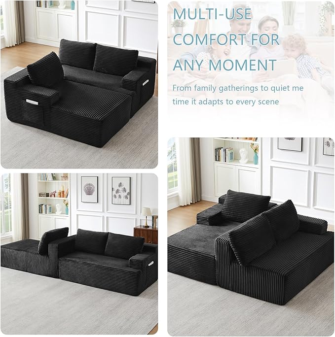 96" Cloud Sectional Couch with L-Shape Chaise, Modern Corduroy Boneless Couch for Living Room,Memory Foam Sofa with Deep Seat,No Assembly Required (Black,Left-Facing Chaise)