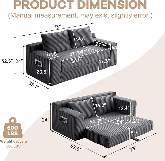 73" Convertible Sofa Bed, 2 in 1 Folding Couch Bed, Boneless Couch in a Box, Cloud Loveseat Sleeper, Fold Out Comfy Floor Futon Sofa with 2 Pillows for Living Room Bedroom, No Assembly (Grey, 73")