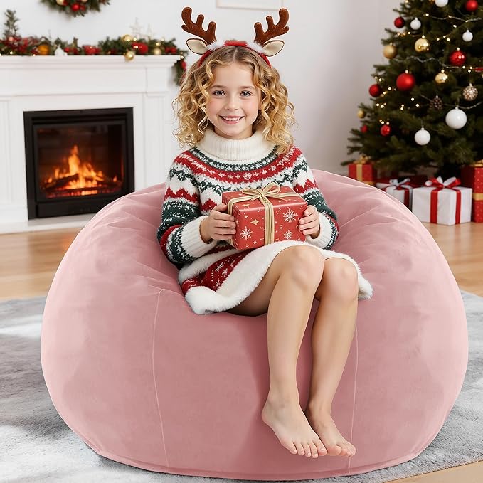 HABUTWAY 2FT Bean Bag Chair, 2' Beanbags Small Bean Bag Chairs with Filling, Teardrop Bean Bag Chair Luxurious Velvet Ultra Soft Fur with Removable Cover (Soft Pink)