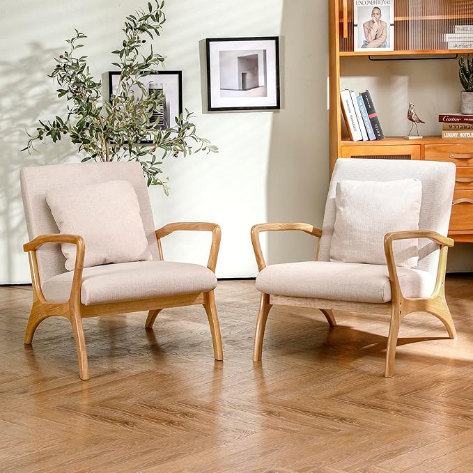 ELUCHANG Accent Chair with Lumbar Pillow,Mid-Century Modern Accent Chair Armchair, Linen Fabric Comfy Reading Chair Lounge Side Chair for Living Room Bedroom Apartment,Easy Assembly(Beige,2PCS)