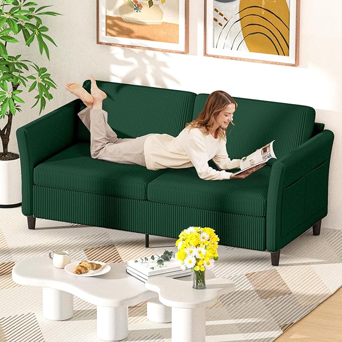 Valthie 79.1" Corduroy Loveseat Sofa, Modern Comfy Couches with Side Pocket, 3-Seater Sofa Couch for Living Room, Bedroom and Small Spaces,Green