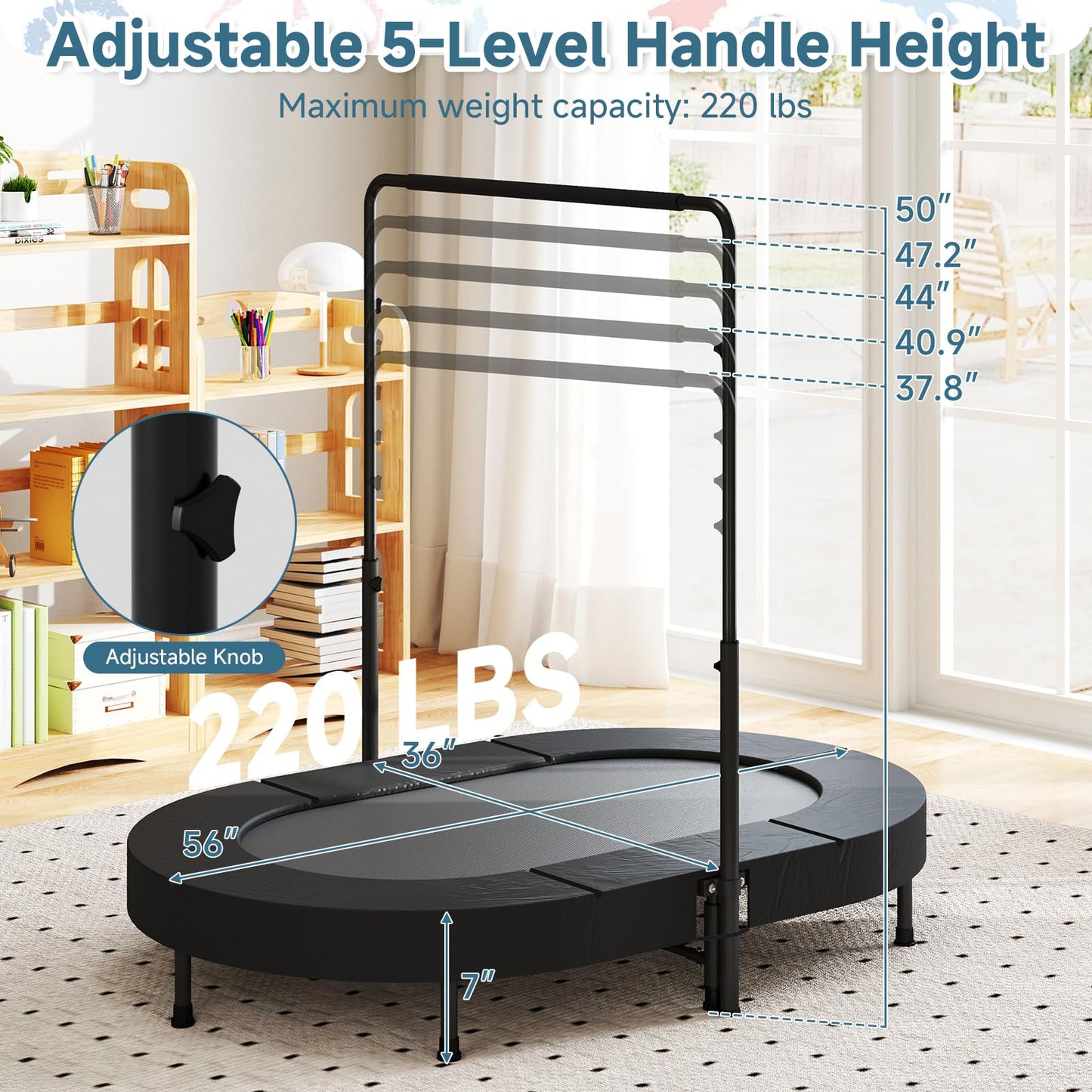 Kiivakii 36"x56" Indoor Trampoline for Kids, Foldable Trampolines with Adjustable Handle, Double Trampolines for Boy and Girl, Kids Exercise Trampoline, Black