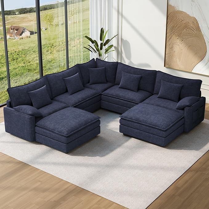 Vesgantti 101" V-Shaped Corner Couch Sectional, 7 Seat Customizable Modular Cloud Couches with Movable Ottoman, Chenille Deep Seat Sofa Set with Chaise for Living Room, Bedroom and Apartment, Blue
