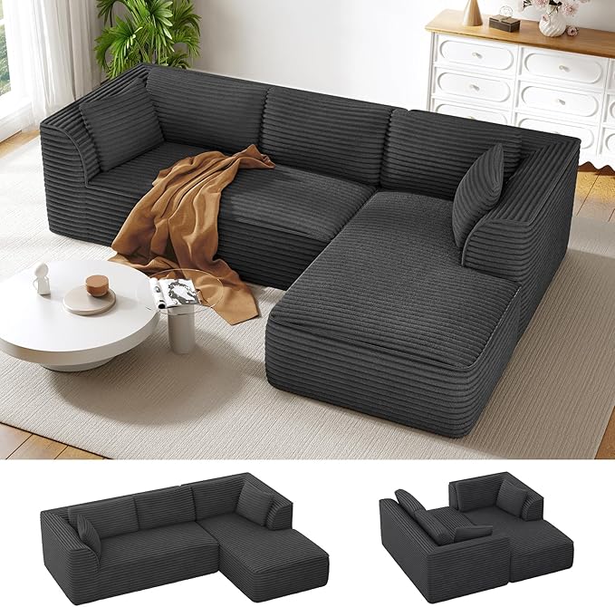Vesgantti 106" Cloud Couch with Chaise, Deep Seat Fluffy Modular Sectional Sofa Corduroy Memory Foam Boneless Couches for Living Room Bedroom, No Assembly Required (Grey, Right-Facing Chaise)