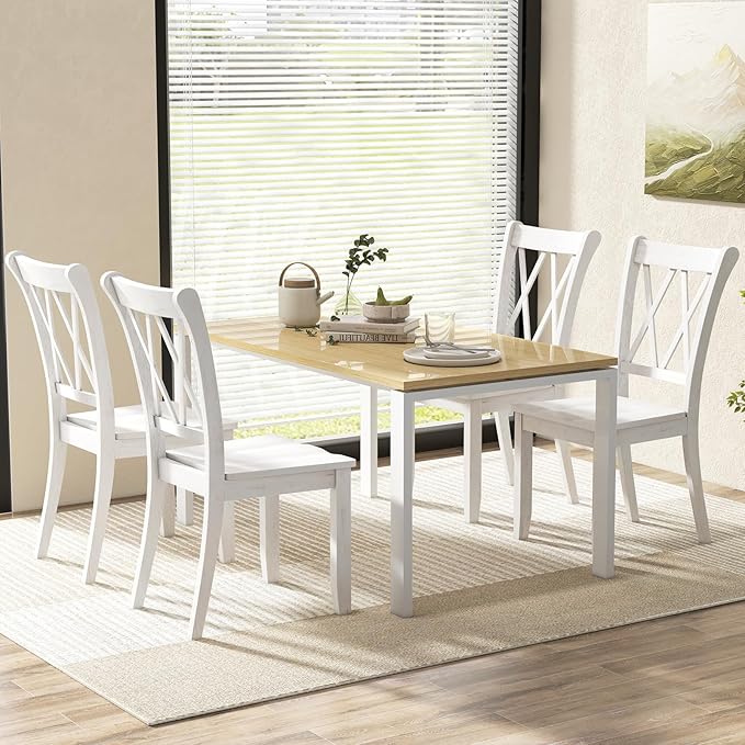 Giantex Wood Dining Chairs Set of 4 White, Rustic Armless Kitchen Chairs w/Rubber Wood Frame, Cross Back, Contoured Seat, Farmhouse Wooden Side Chairs, High Back Kitchen Chairs for Home Dining Room